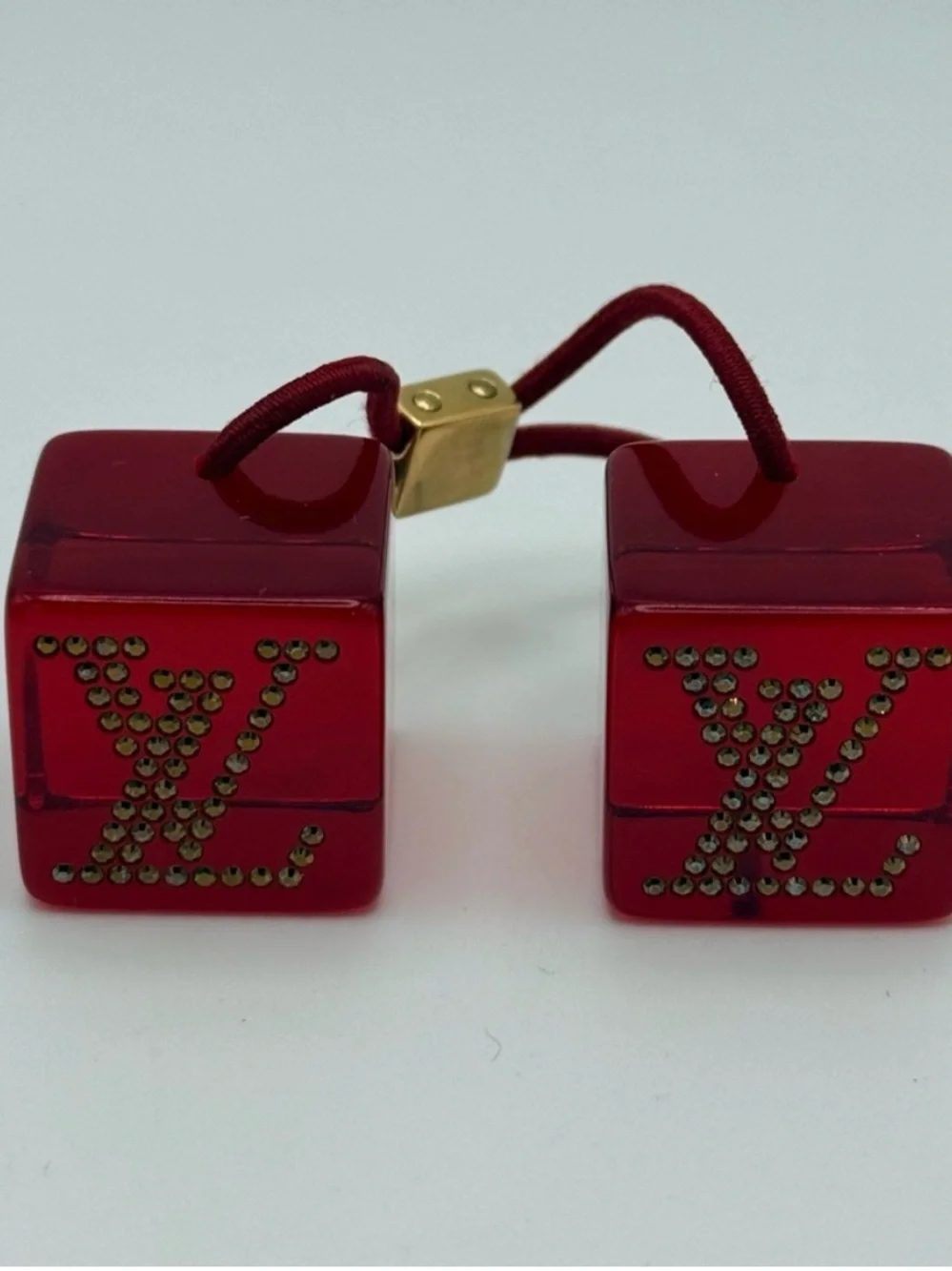 Louis Vuitton Red Logo Cube Hair Tie with Gold Accents - Picture 5 of 10
